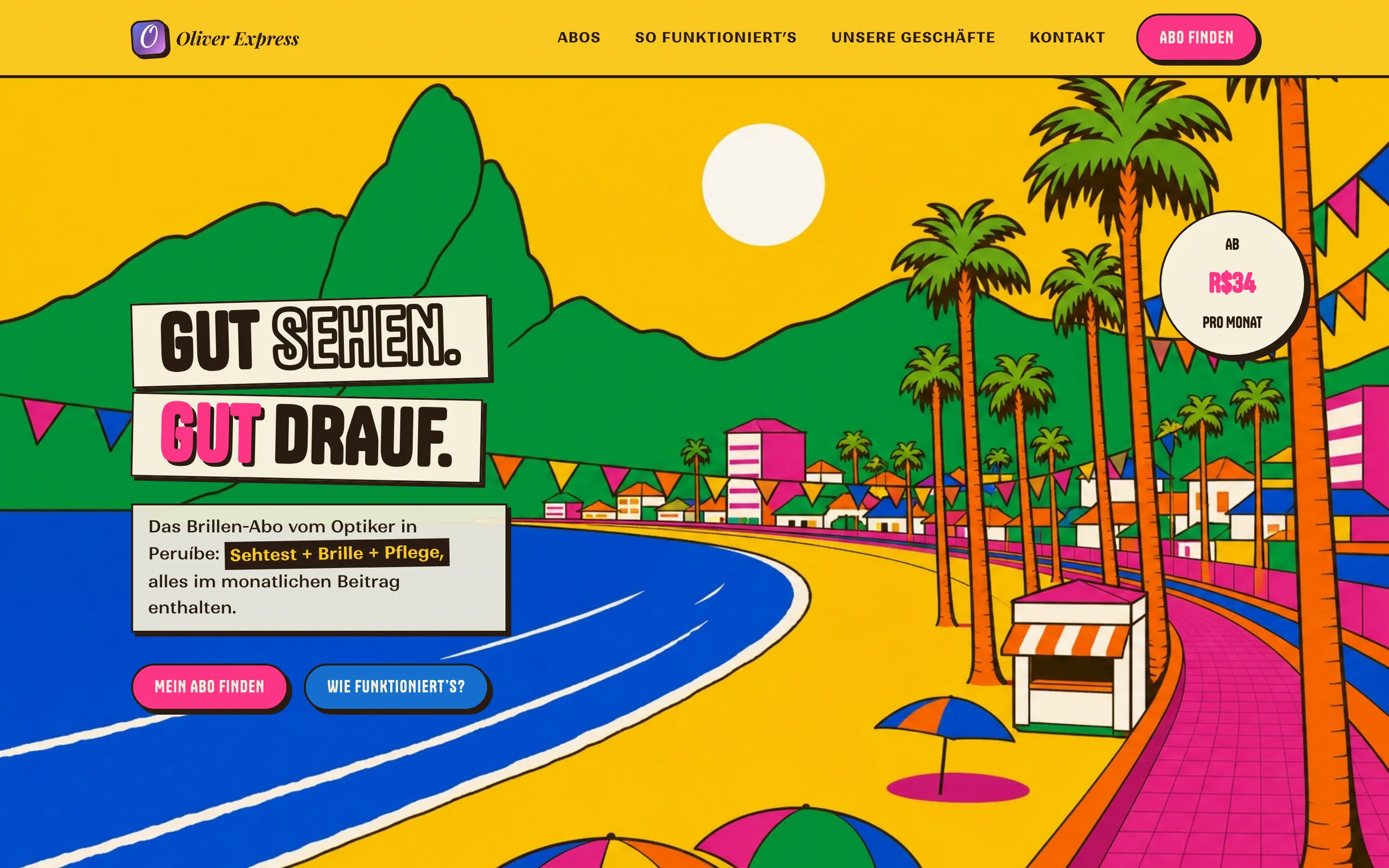 Startseite der Feira-Website mit Strand, Palmen und dem Slogan Gut sehen, gut drauf